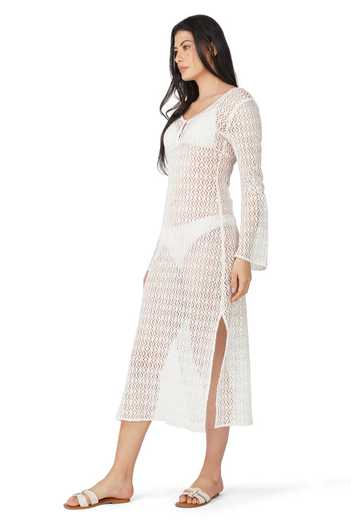 white tie front flare sleeve crochet lace bodycon dress Li White Crochet Long Sleeve Mini Dress