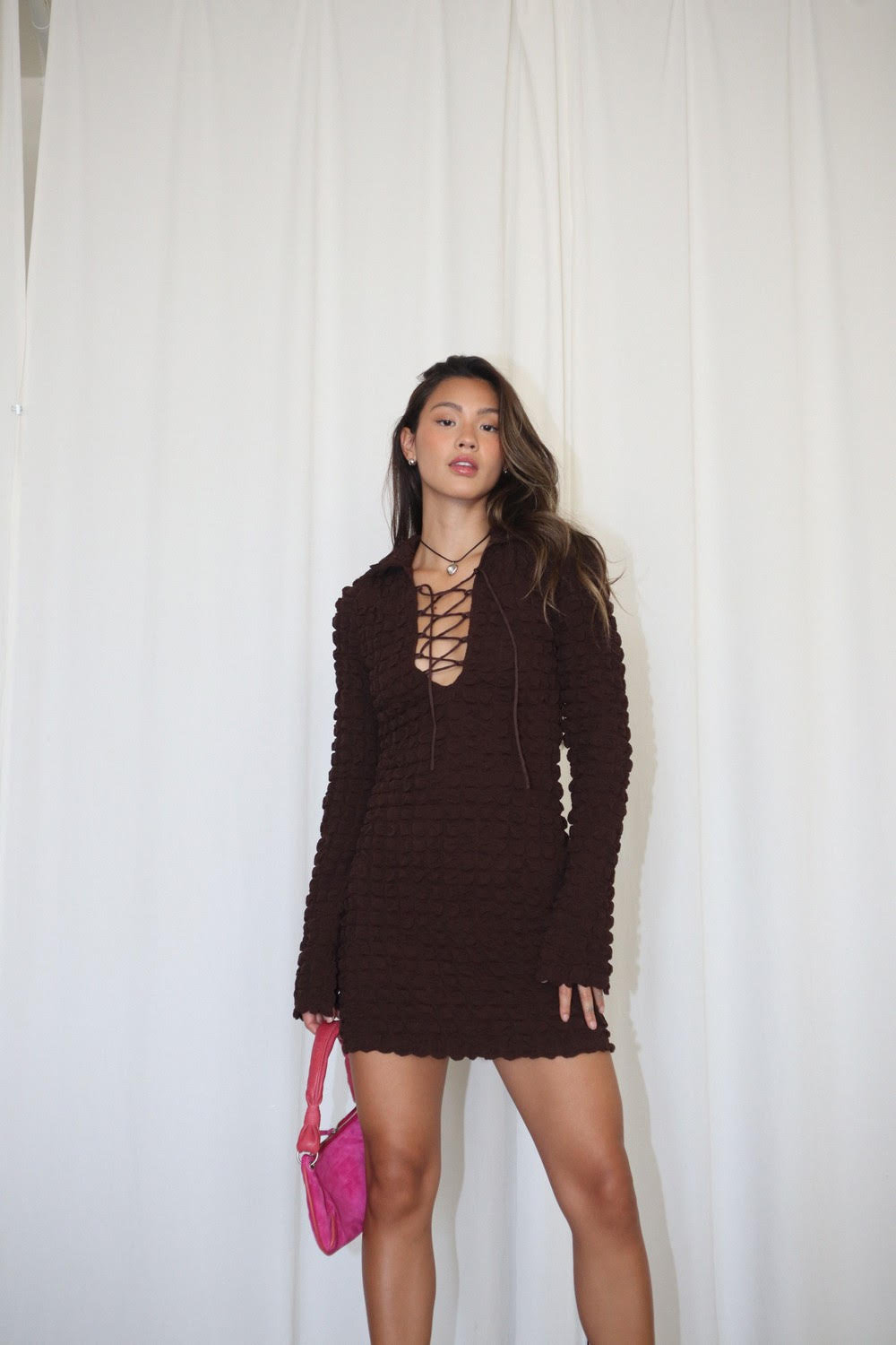 Chocolate Long Sleeve Lace Up Mini Dress