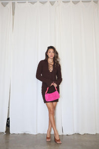 Chocolate Long Sleeve Lace Up Mini Dress