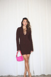 Chocolate Long Sleeve Lace Up Mini Dress