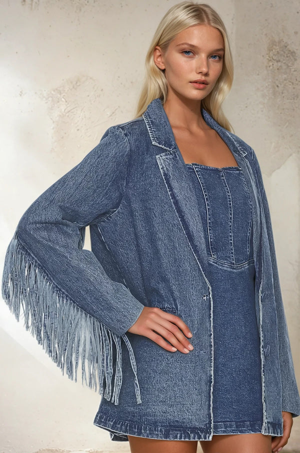 Premium Fringe Denim Blazer