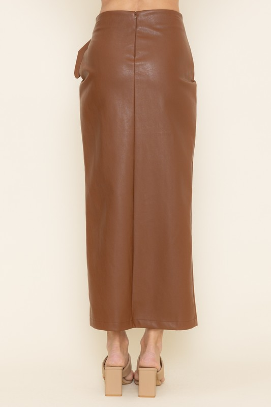 Vegan Leather Long Skirt with Buckle