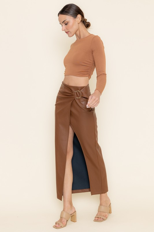 Vegan Leather Long Skirt with Buckle